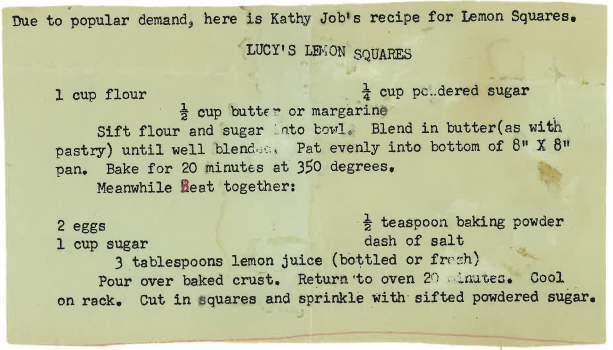 typewritten clipping with lemon squares recipe